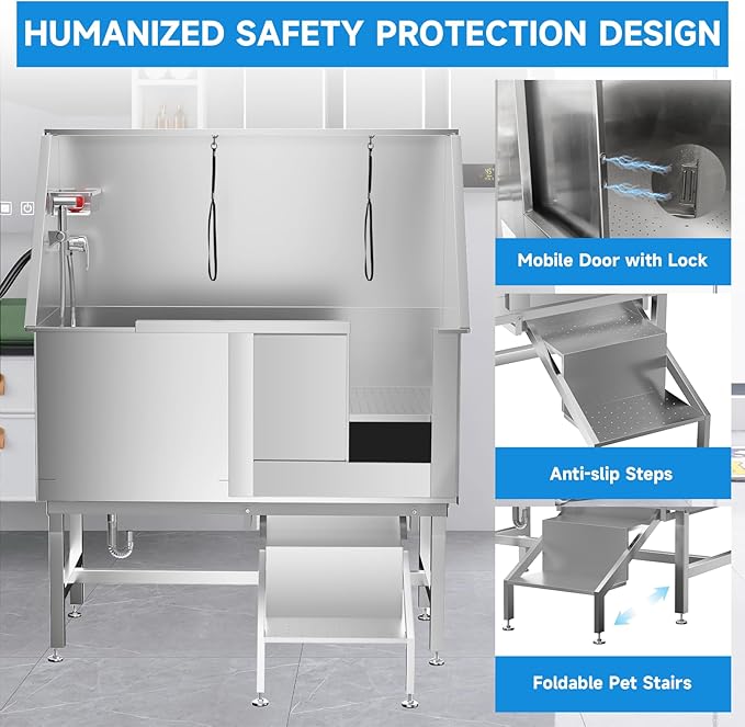 Dog Washing Station 50" Dog Grooming Tub with Right Stair& Faucet, Stainless Steel Dog Bathing Station for Home,Dog Bathtub for Large,Medium,Small Pets-PawvioPets