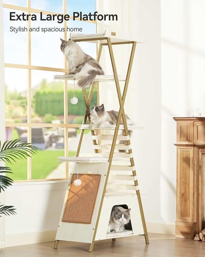 FourFurPets 72.4" Cat Tree, Modern Cat Tower for Indoor Cats, Multi-Level Cat Condo with Caves, Tall Cat Tree with Cat Scratching Board, Wooden Cat Tower with Large Perch, Removable Pads, White-PawvioPets