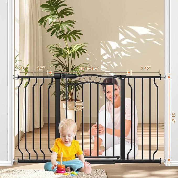 29.5-53.1" Extra Wide Baby Gate for Stairs No Drilling, 30" Tall Auto Close Press Mounted Baby Gate for Doorways, Adjustable Width Walk Through Dog Gates for Doorways, Black-PawvioPets