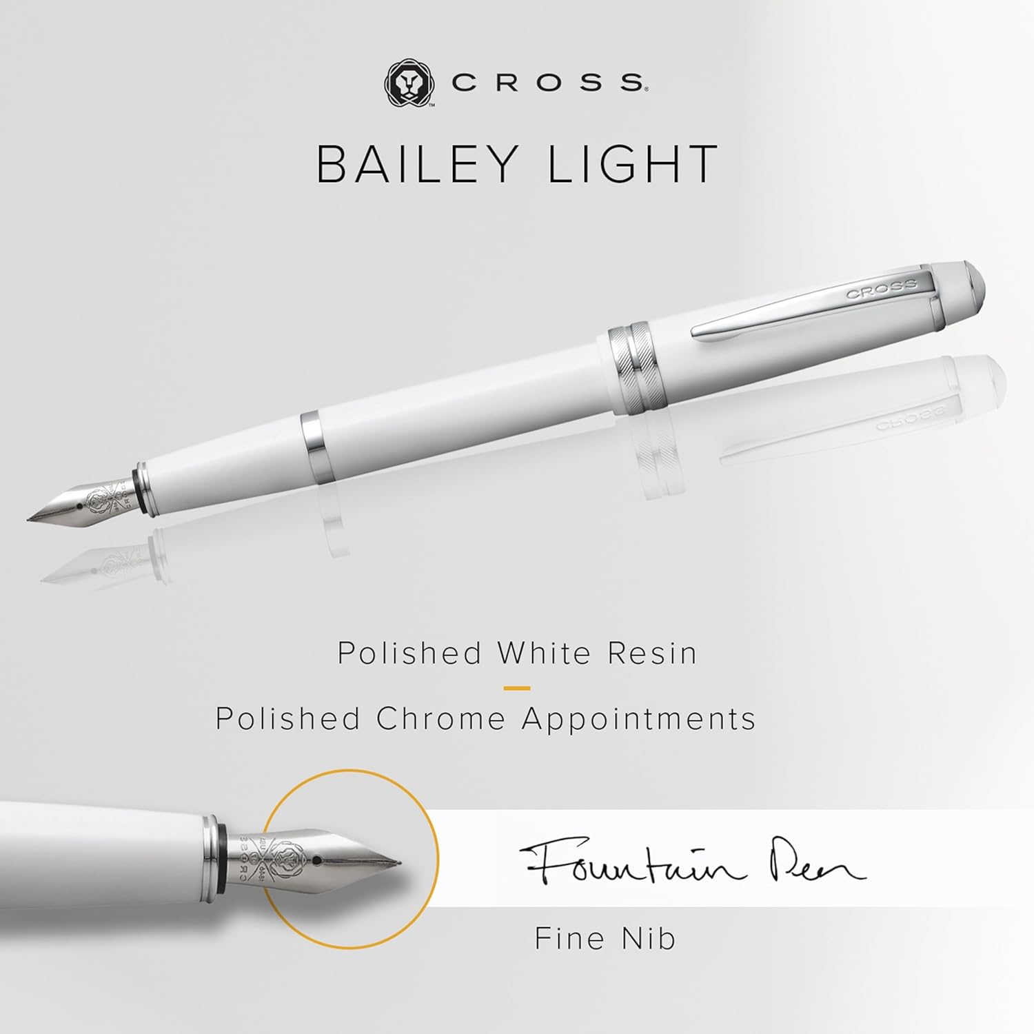 Cross Bailey Light Refillable Fountain Presented in a Everyday Gift Box - Medium Point, Black Ink, Polished White
