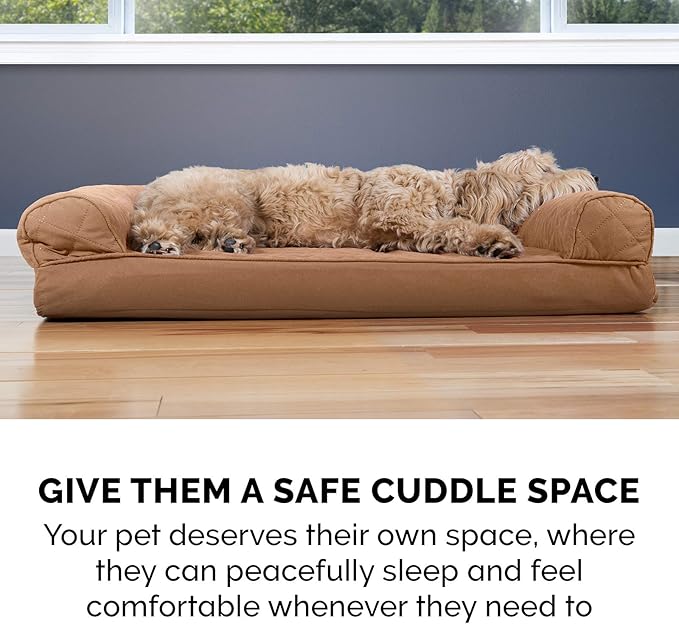 Furhaven Cooling Gel Dog Bed for Medium/Small Dogs w/ Removable Bolsters & Washable Cover, For Dogs Up to 35 lbs - Quilted Sofa - Toasted Brown, Medium-PawvioPets