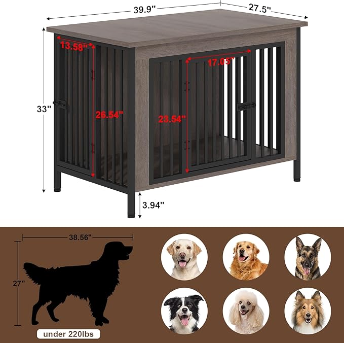 EasyCom 39.96" XL Wooden Large Dog Crate Furniture for Medium and Large Breed, Chew-Resistant Dog Kennel Furniture Indoor with 2 Doors and 3.94" Raised Feet, as TV Stand, End Table, Crate Table-PawvioPets