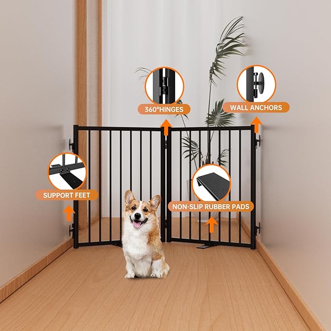 Full Metal Freestanding Dog Gate with Door, 24'' Height Foldable Pet Dog Fence for Indoor & Outdoor, 2 Panels Extra Wide Free Standing SmallDog Gates for Doorways,House,Stairs,Porch,Deck,Yard-PawvioPets