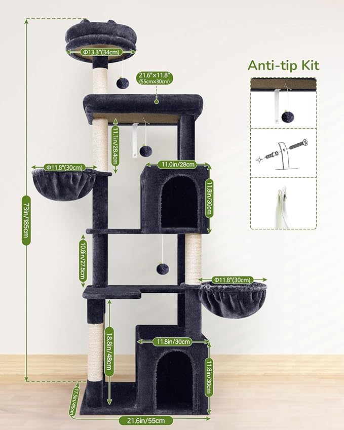Globlazer Heavy Duty Cat Tree Tower, 73in Tall Cat Tree for Indoor Cats Large Adult, Cat Condo for Large Cats with 5 Scratching Posts, 2 Cat Caves, 2 Padded Perches, 2 Hanging Baskets, F73, Dark Gray-PawvioPets