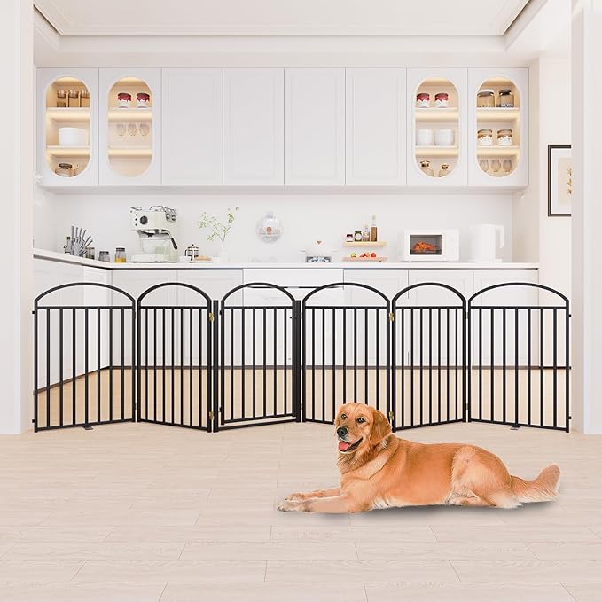 6 Panles Full Matel Freestanding Dog Gates with Door, 144"Extra Wide 32"Tall Free Standing Dog Pet Gate for Indoor & Outdoor. Foldable Pet Fences for Doorways, House, Stairs, Porch, Deck, Yard-PawvioPets
