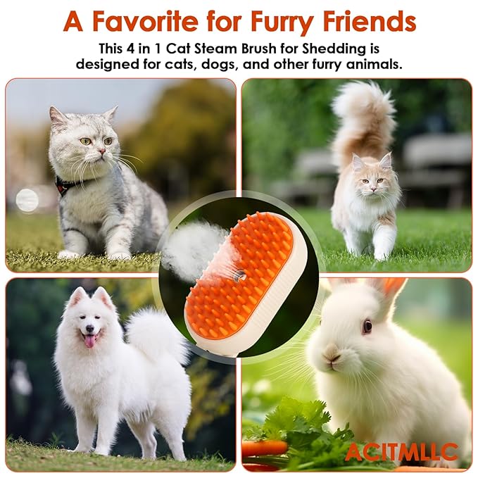 4 in 1 Cat Steam Brush for Shedding, Cleaning, Massage & Smooth, USB Rechargeable Pet Spray Hair Removal Comb, for Indoor Long/Short Haired Cats & Dogs (White)-PawvioPets