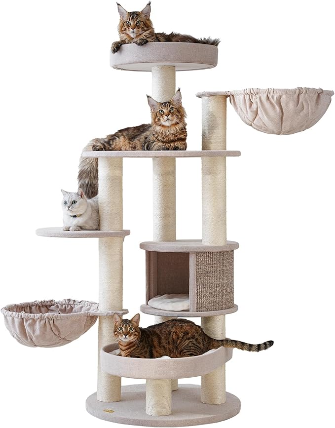 Extra Large Cat Tree for Maine Coon,65 Inches Tall Cat Tree Tower for Indoor Cats Large Adult 20 lbs,XXL Heavy Duty Luxury Sturdy Cat House with Big Hammock,Sisal Scratching Post,Condo-PawvioPets