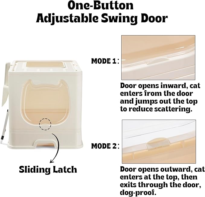 Gefryco Foldable Cat Litter Box with Lid,Covered Litter Box for Small and Medium Cats, Enclosed Cat Potty with Scoop and Brush, Top Entry Cute Kitten Litter Tray with Drawer and Top Cover(White)-PawvioPets