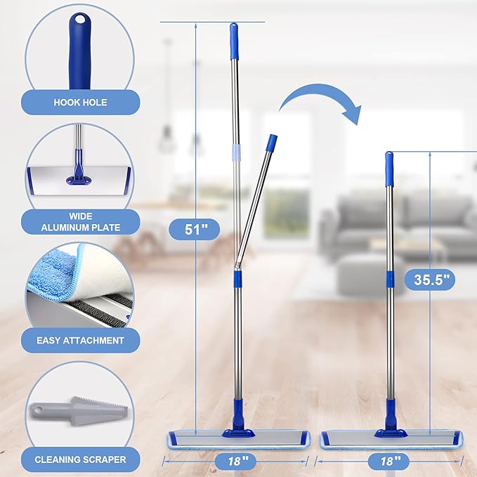 18" Professional Microfiber Mop Floor Cleaning System, Flat Mop with Stainless Steel Handle, 4 Reusable Washable Mop Pads, Wet and Dust Mopping for Hardwood, Vinyl, Laminate, Tile Cleaning-PawvioPets