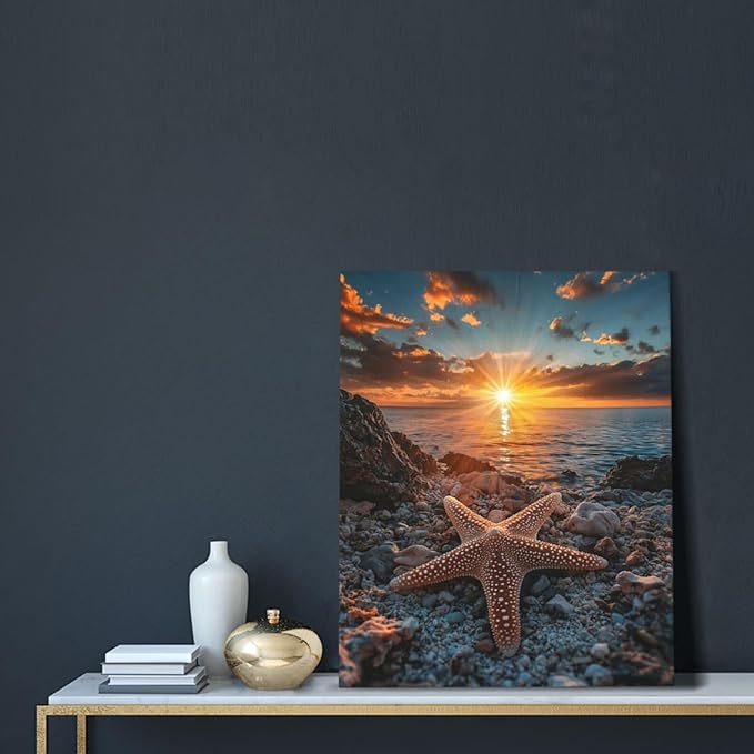 Beach Starfish Wall Decor Ocean Starfish Wall Art Sunset Scenery Coastal Theme Pictures Canvas Nature Seascape Painting Print Framed Artwork Decorations for Home Bathroom Living Room Bedroom Office 16"x20"-PawvioPets
