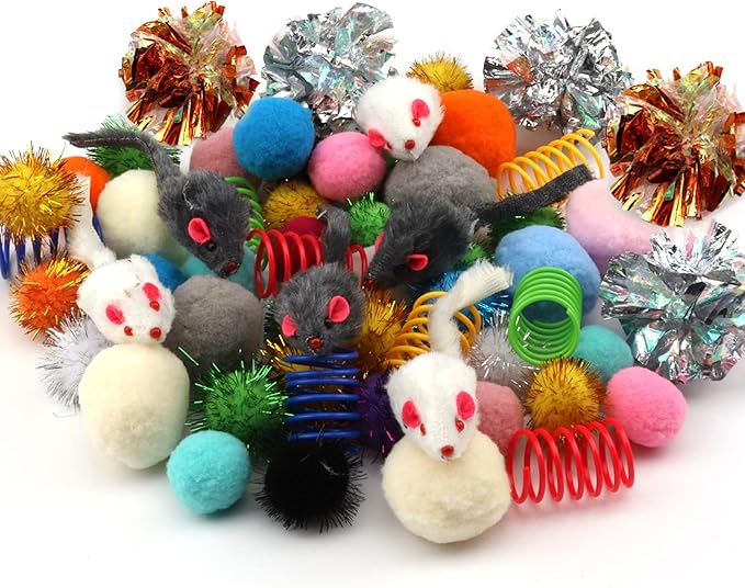 60 Pack Cat Toys - Assorted Kitten, Mouse, Crinkle & Pom Pom Balls-PawvioPets