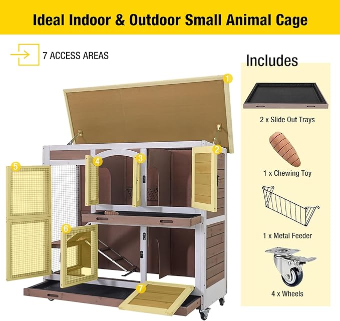 Aivituvin Rabbit Hutch Bunny Cage with Wheels Indoor Outdoor 47" Two Story Guinea Pig Cage with 2 Deep No Leak Tray-PawvioPets