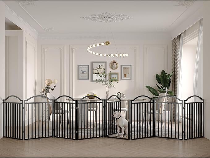 BHG Metal No-Assembly Freestanding Dog Gate with Door Walk Through, Extra Wide 96", Extra Tall 32" Pet Gate, Accordion Puppy Folding Playpen Dog Fence, with 2PCS Support (Black, 8 Panels)-PawvioPets
