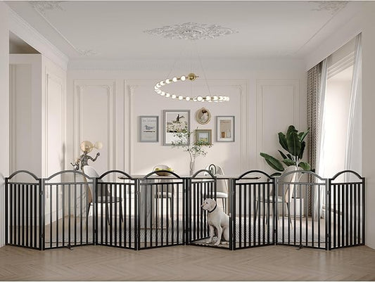 BHG Metal No-Assembly Freestanding Dog Gate with Door Walk Through, Extra Wide 96", Extra Tall 32" Pet Gate, Accordion Puppy Folding Playpen Dog Fence, with 2PCS Support (Black, 8 Panels)-PawvioPets