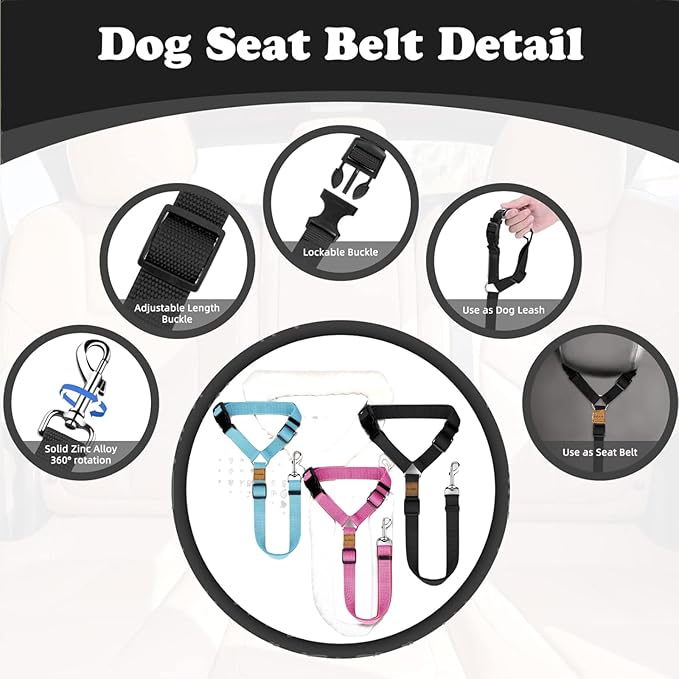 3 Pack Dog Seat Belt for Car, Car Headrest Restraint Adjustable Nylon Fabric, Dog Restraints Vehicle Seatbelts Harness-PawvioPets