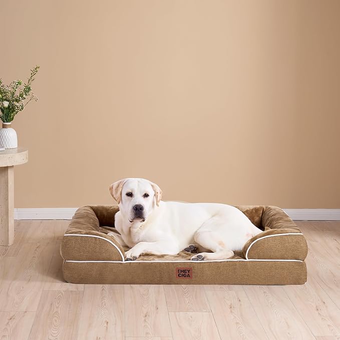 EHEYCIGA Orthopedic Dog Beds for Large Dogs, Waterproof Memory Foam Large Dog Bed with Sides, Non-Slip Bottom and Egg-Crate Foam Pet Couch Bed with Washable Removable Cover, Camel-PawvioPets