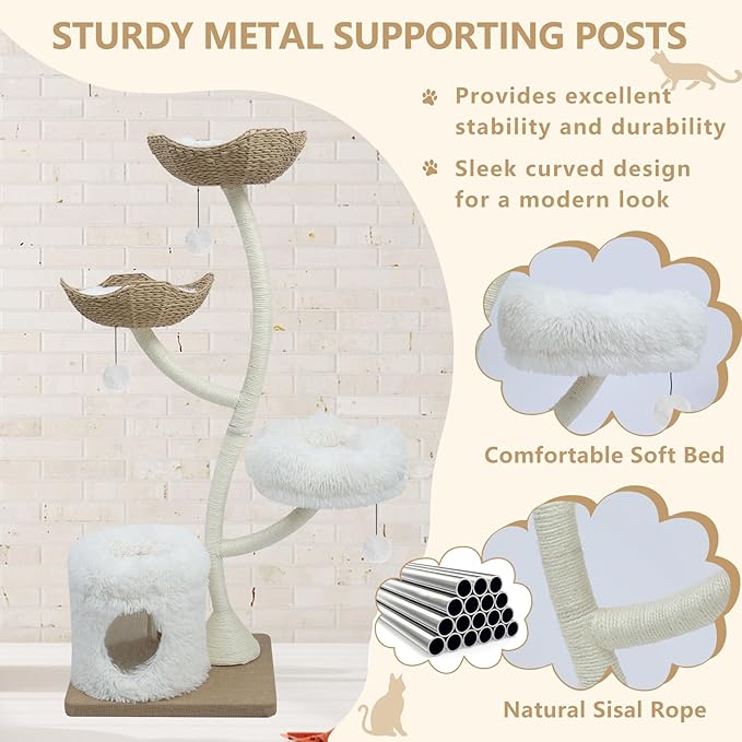 63” Tall Cat Tree Tower for Indoor Cats, Multi-Level Large Cat Climbing Furniture with Scratching Posts, Soft Perch, Cozy Cave, and Hanging Toys, Sturdy Design for Multi-Cat Households-PawvioPets