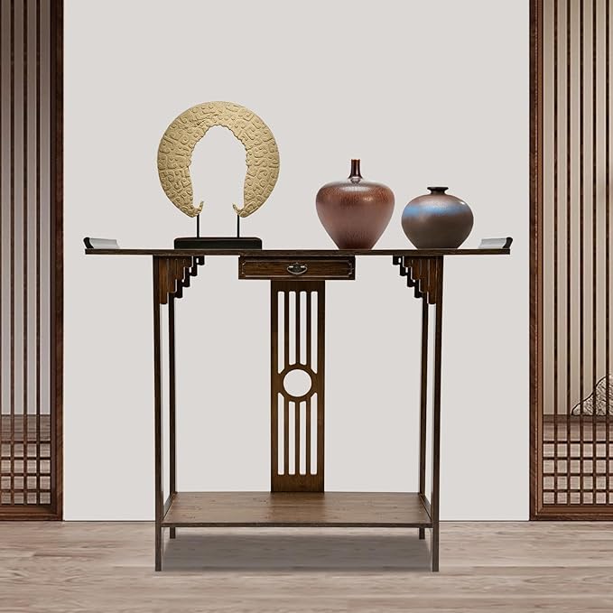 Console Table with Storage Shelves, 2 Tiers L 40.1” Narrow Sofa Table with Drawers, Bamboo Entryway Table for Small Spaces, Living Room Hallway Foyer Corridor Wood Entry Table-PawvioPets