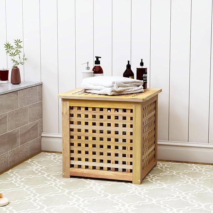 Bench with Storage, Acacia Laundry Hamper with Seat, Storage Benches with Seating for Entryway, Living Room, Bedroom, Bathroom (15.7x19.7x17.7in)-PawvioPets