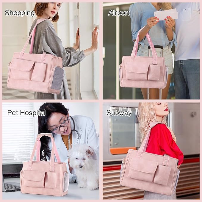 Dog Carrier Purse, Fashion Leather Pet Carrier Bag, Airline Approved Soft Sided Cat Travel Tote Bag with Pockets Pink-PawvioPets