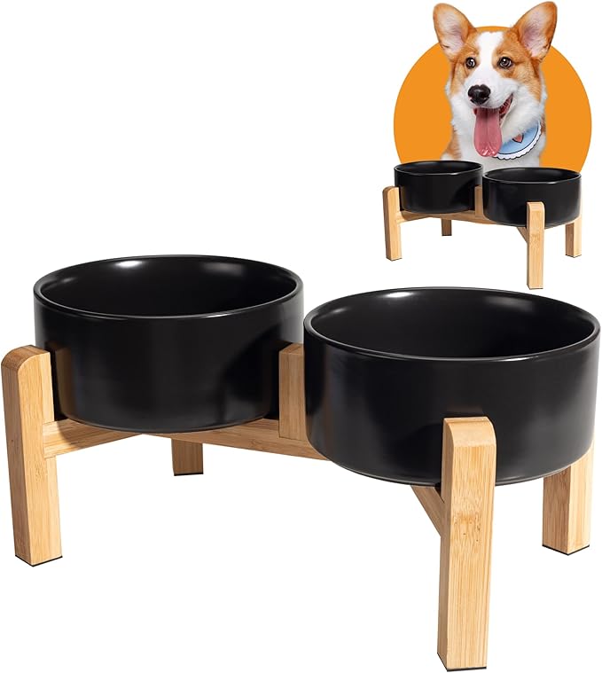 Elevated Ceramic Dog Bowl Set - Raised Dog Bowls with Non-Slip Bamboo Stand - Dog Food and Water Bowl Set - Double Dog Feeding Bowls - Suitable for Small and Medium Dogs - 28.74 OZ - 3.6 CUPS - 850 ML-PawvioPets