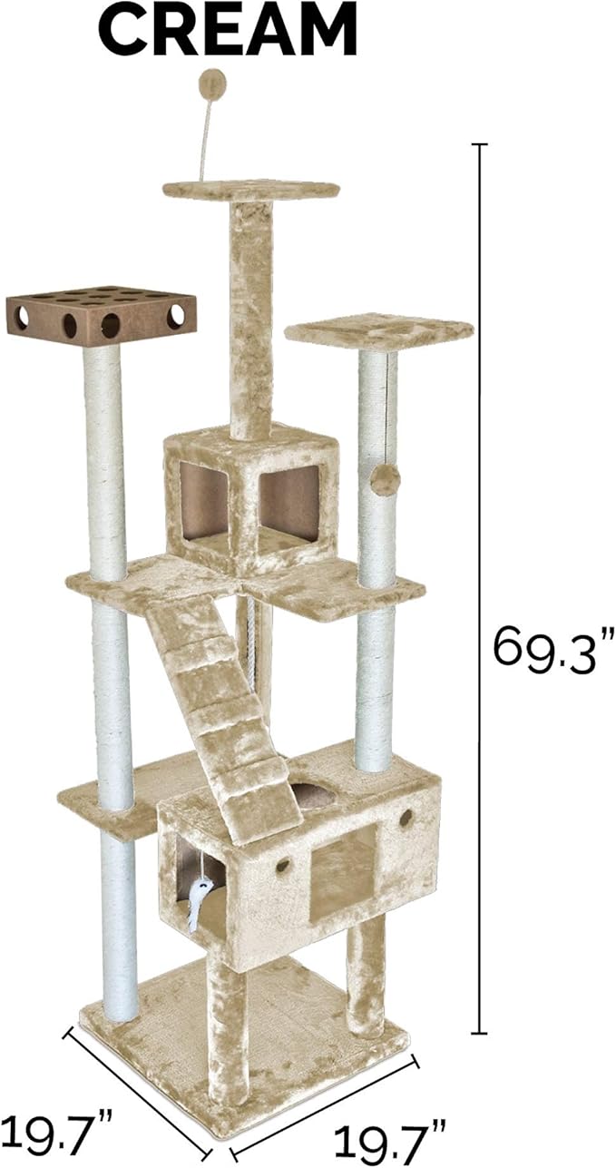 Furhaven 69.3" Tall Cat Tree for Indoor Cats, Ft. Sisal Scratching Posts, 2x Cat Condos, & Toys - Tiger Tough Double Decker Interactive Playground Tower - Cream, One Size-PawvioPets