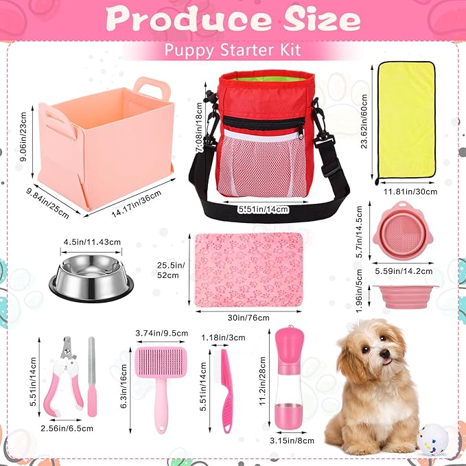65 Pcs Puppy Supplies Starter Kit Small Dog Essentials Includes Dog Leash, Toys, Bowl, Brushes, Water Bottles, pet Blankets Puppy Accessories for New Welcome Gift Supplies(Cute,Pink)-PawvioPets