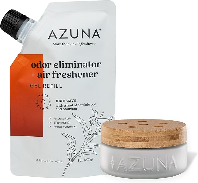 Azuna Air Freshener & Odor Eliminator for Strong Odor | 1 Room Kit Includes (1) Empty Luxe Glass Jar & 8oz Refill with Tea Tree Essential Oil Gel | Sandalwood | Last 60-90 Days-PawvioPets