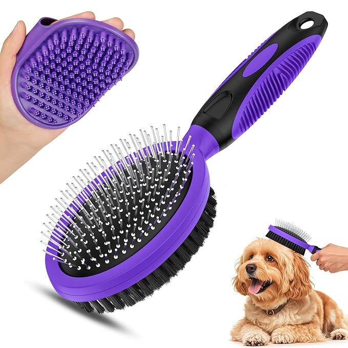 2PCS Pet Grooming Tools - Double-Sided Brush for Shedding and Bathing, Suitable for Short/Long Haired Dogs Cats and Horses, Deshedding Dog Brush, Mane & Tail Combs for Horses - Pet Supplies (Purple)-PawvioPets