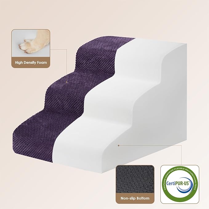 EHEYCIGA Curved Dog Stairs Ramp for Small Dogs 15.7" H, 3-Step Dog Steps for Couch Sofa and Chair, Pet Stairs for Cats, Non-Slip Balanced Pet Steps Indoor, Purple-PawvioPets