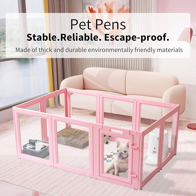 DIY Clear Acrylic Dog Playpen House,Quick Easy Assembly and Disassembly,Strong Floor Suction,Indoor and Outdoor Use,Easy Cleansing Puppy Fence (Sakura Pink, 23.6" H, 12PCS)-PawvioPets