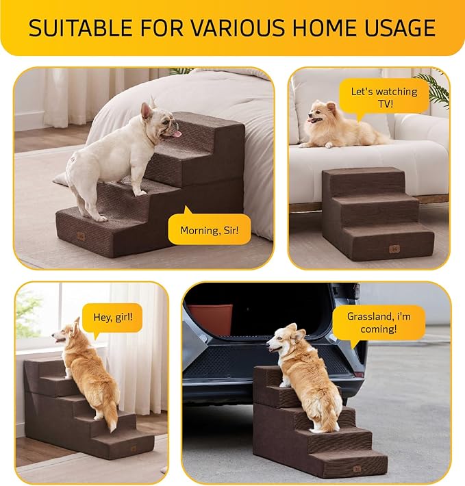 Dog Stairs for Bed, Dog Steps for Bed Couch Sofa, 35D Foam Pet Steps for Small Dogs and Cats, Extra Wide Pet Stairs with Non-Slip Bottom Brown, 3 Steps-PawvioPets
