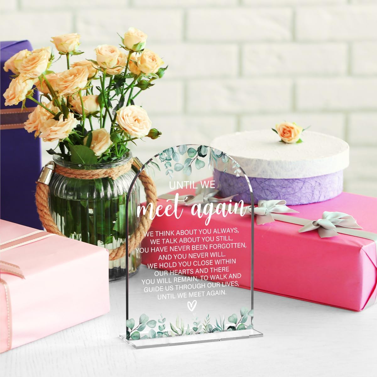 Acrylic Wedding Sign Until We Meet Again Signs for Ceremony Modern Calligraphy Arch Acrylic Table Top Signs for Wedding Reception and Event Party Table Decor (Eucalyptus Leaves)