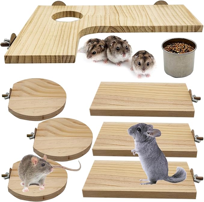 8 Pcs Wooden Hamster Cage Platform Set Wood Juvenile Chinchilla Shelves, Squirrel L-Shape Corner Ledge with Hole Cooling Standing Board Rat Cage Accessories for Gerbil Small Animal Climbing-PawvioPets