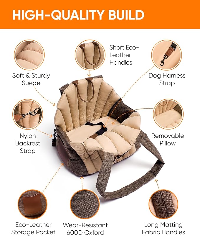 Dog Travel Bag | Cat Carrier | Small Pet Taxi | Lightweight Soft-Sided Tote, Car-Seat Compatible, Washable, 6–20 lb | Vegan Materials | Brown-PawvioPets