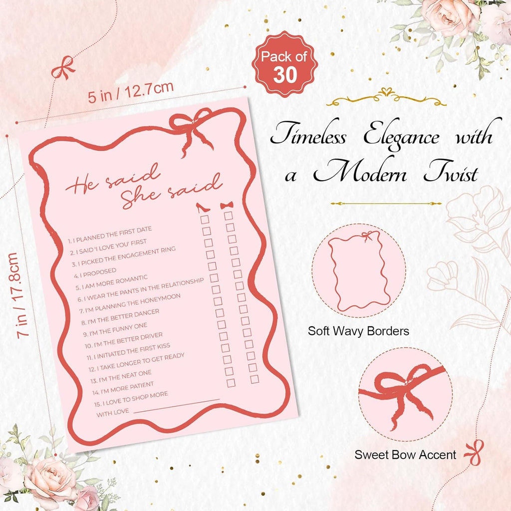 DEEKA 30 PCS Bridal Shower Games Card for 30 Guests Pink Wavy Border Ribbon Bow Funny Wedding Bachelorette Party Games for Reception (He Said She Said)