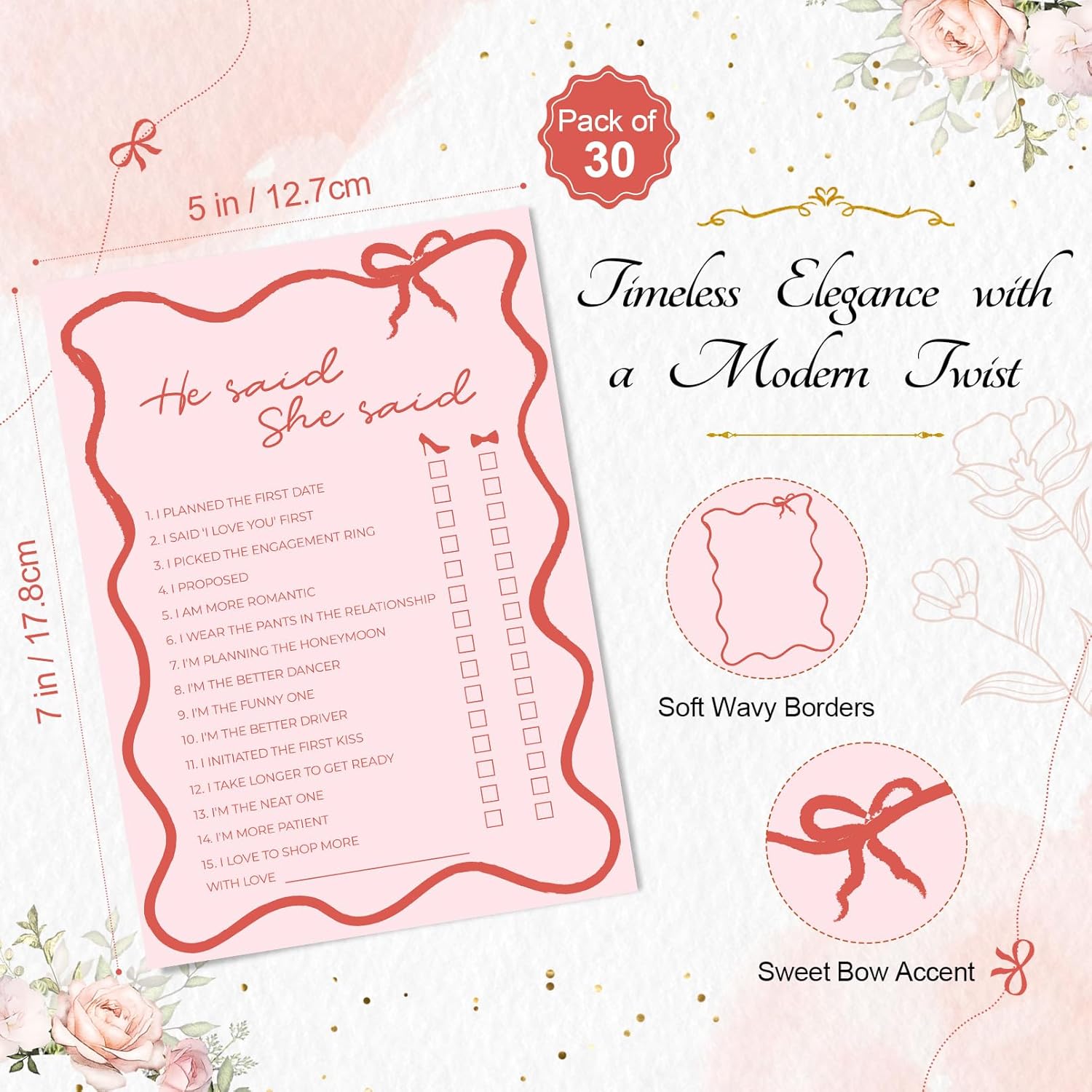 DEEKA 30 PCS Bridal Shower Games Card for 30 Guests Pink Wavy Border Ribbon Bow Funny Wedding Bachelorette Party Games for Reception (He Said She Said)