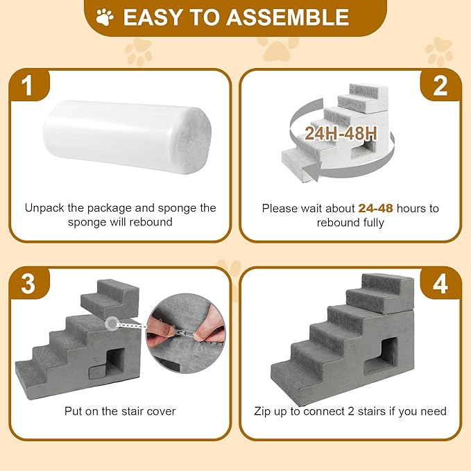 Dog Stairs for Small Dogs 27”H, 6-Step Dog Steps for High Bed, High-Density Foam Pet Stairs with Non-Slip Removable Washable Cover to Get on Bed(Grey)-PawvioPets