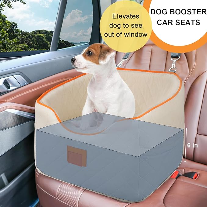 Dog Car Seat for Small Dogs, Memory Foam Booster Dog Seat for Dogs up to 35 lbs, Elevated Pet Car Seat, Travel Safety Pet Seat with Washable Removable Cover, Storage Pockets (Beige)-PawvioPets