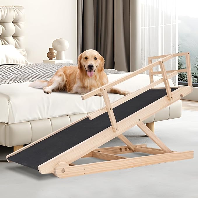 ABORON Folding Wooden Extra Long Dog Ramp, Non-Slip Rubber Mat, 63" Long for High Bed/Couch/Car, 5 Levels Adjustable Pet Ramp, 17.7'' Wide, Supports Small & Large Senior Dogs & Cats up to 200 lbs-PawvioPets