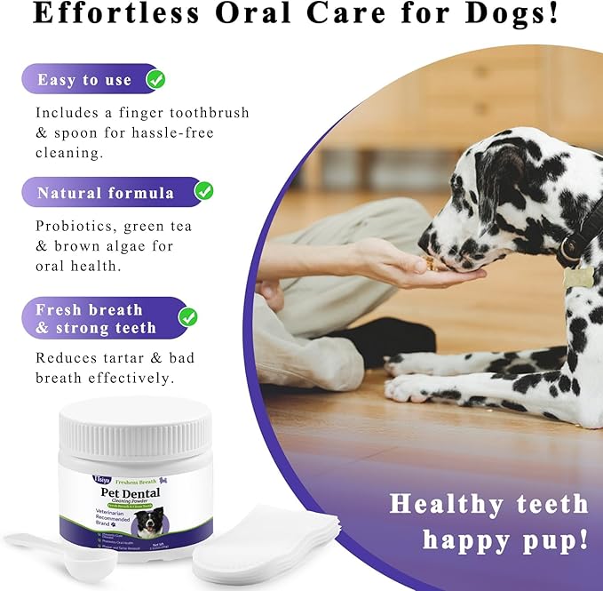Dog Teeth Cleaning Powder, Pet Dental Powder -Dental Care, Dogs Breath Freshener with Probiotics for Tartar & Reduces Plaque & Bad Breath Teeth Cleaning for Small, Medium, Large Dogs 100g-PawvioPets