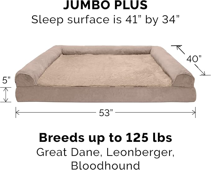 Furhaven Orthopedic Dog Bed for Large Dogs w/ Removable Bolsters & Washable Cover, For Dogs Up to 125 lbs - Plush & Suede Sofa - Almondine, Jumbo Plus/XXL-PawvioPets