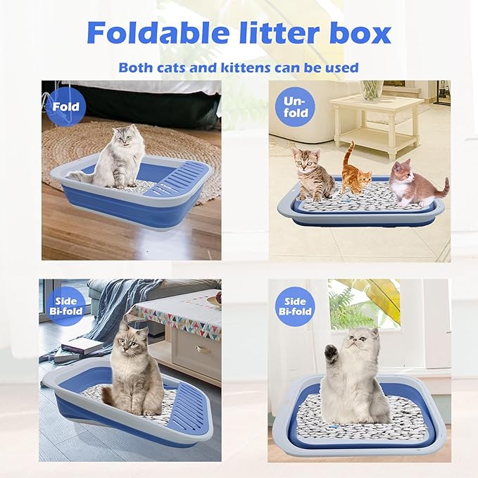Collapsible Small Cat Litter Box,Open Top Cats Litter Pan with Scoop Foldable Shallow Kitten Potty Toilet Waterproof Cat Travel Litterbox Anti-Splashing Low Entry Semi-Enclosed Easy Clean(Blue)-PawvioPets