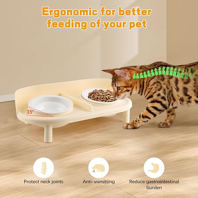 Elevated Cat Bowls, Tilted Rised Cat Food and Water Bowl with 2 Pcs Ceramic Pet Bowls, Rised Stand, Pet Dish Anti Vomiting Feeding Station for All Sized Cats & Small Dogs (Milk Coffee)-PawvioPets