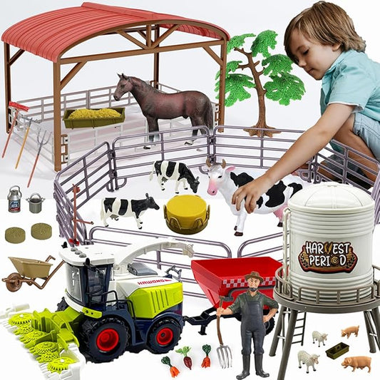 Farm Animals Toys Set Barn Toy Combine Harvester Tractor with Trailer Horse Stable Grain Bins Horse Cow Farmer Figures Fence Playset for Kids Toddlers Boy Girl 3-7 Years Old-PawvioPets