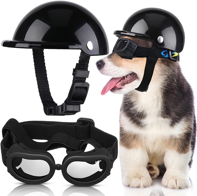 Frienda Dog Helmet and Goggles, UV Protection Doggy Sunglasses and 4 Inch Padded Puppy Motorcycle Helmet Adorable Dog Goggles with Adjustable Belt for Small Dogs Puppy Riding(Black,S)-PawvioPets