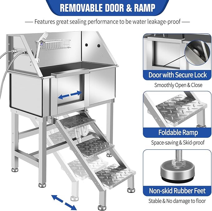 Dog Washing Station 38'' Stainless Steel Pet Grooming Tub for Large Dogs Over-Size Professional Dog Grooming Bathtub Station Wash Shower Sink Pet Grooming Bathtub Station-PawvioPets