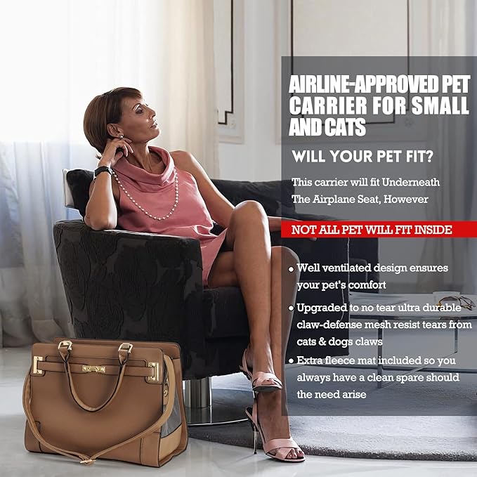 Fashion Pet Carrier Dog Cat Carrier Purse Soft-Sided Leather Handbag Pet Tote Bag for Small Dogs Puppy and Cats TSA Airline Approved (Khaki)-PawvioPets