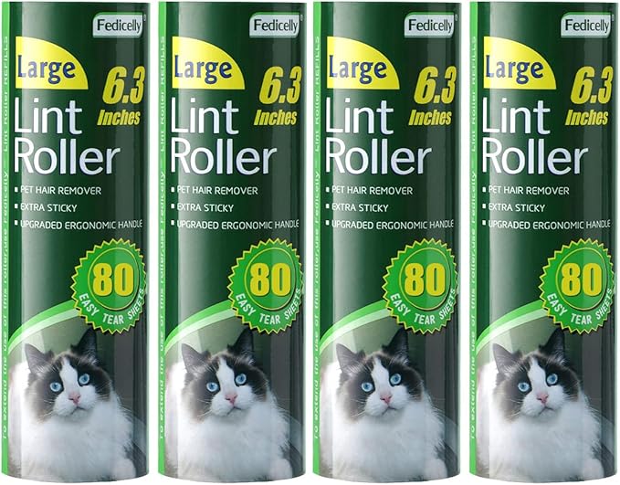 Fedicelly Large Lint Rollers Pet Hair Extra Sticky Refills,Mega Value Set 6.3 inches Wider with 320 Sheets for Cat and Dog Hair Removal,80 Sheets Per Roller (Pack of 4)-PawvioPets