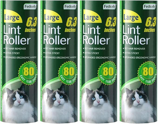 Fedicelly Large Lint Rollers Pet Hair Extra Sticky Refills,Mega Value Set 6.3 inches Wider with 320 Sheets for Cat and Dog Hair Removal,80 Sheets Per Roller (Pack of 4)-PawvioPets